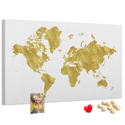 Kork-Pinnwand mit Motiv einer goldenen Weltkarte auf weißem Hintergrund