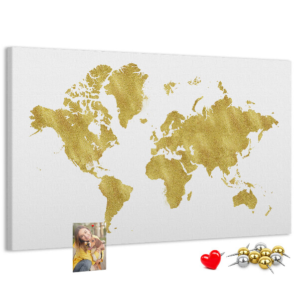 Kork-Pinnwand mit Motiv einer goldenen Weltkarte auf weißem Hintergrund