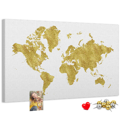 Kork-Pinnwand mit Motiv einer goldenen Weltkarte auf weißem Hintergrund