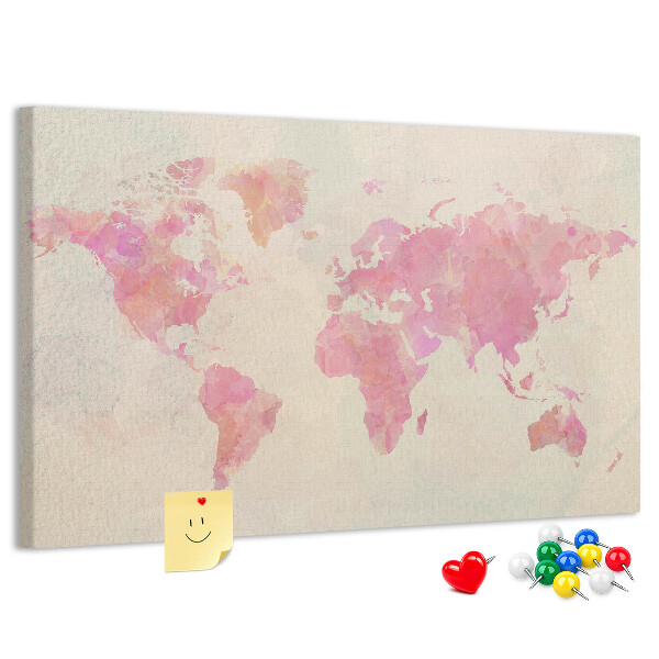 Weltkarte im Aquarellstil mit Korkrückwand in Pastellfarben