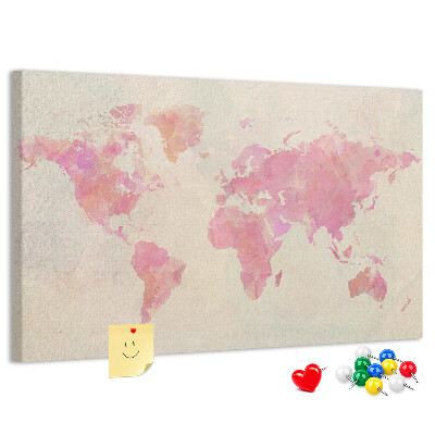 Weltkarte im Aquarellstil mit Korkrückwand in Pastellfarben