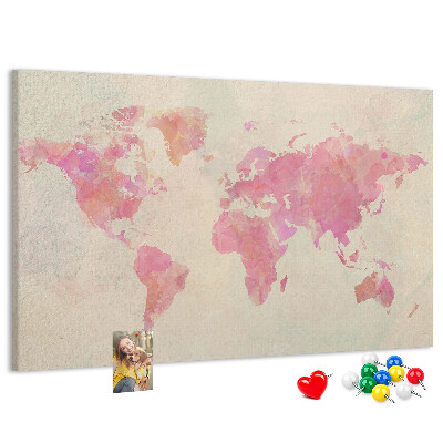 Weltkarte im Aquarellstil mit Korkrückwand in Pastellfarben