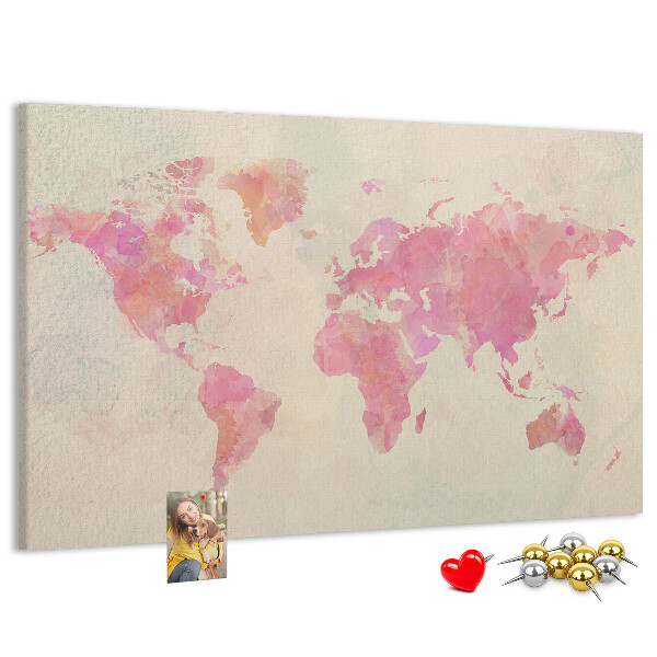 Weltkarte im Aquarellstil mit Korkrückwand in Pastellfarben