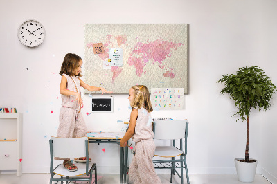 Weltkarte im Aquarellstil mit Korkrückwand in Pastellfarben