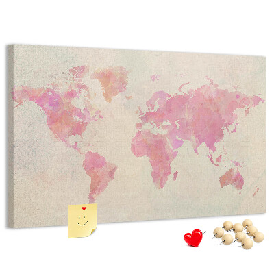 Weltkarte im Aquarellstil mit Korkrückwand in Pastellfarben