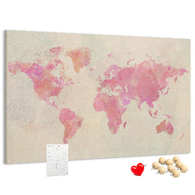 Weltkarte im Aquarellstil mit Korkrückwand in Pastellfarben