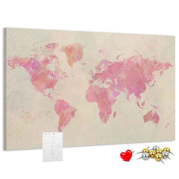 Weltkarte im Aquarellstil mit Korkrückwand in Pastellfarben