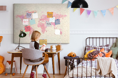 Weltkarte im Aquarellstil mit Korkrückwand in Pastellfarben