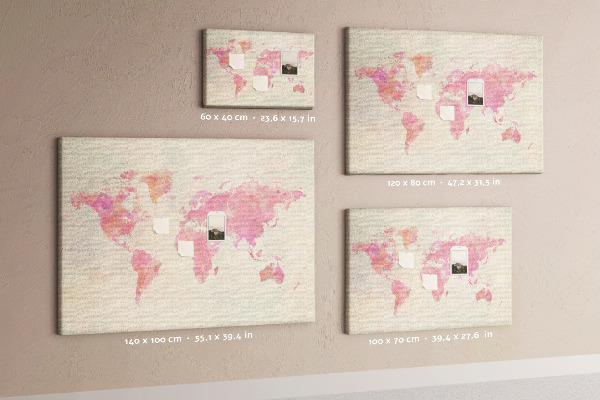 Weltkarte im Aquarellstil mit Korkrückwand in Pastellfarben