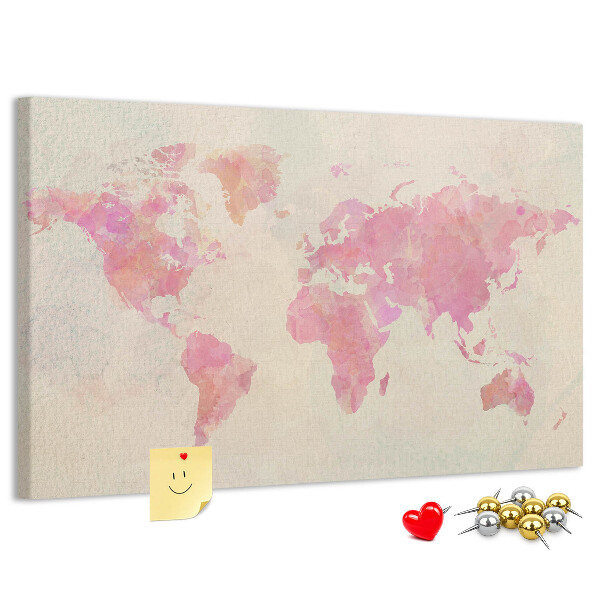 Weltkarte im Aquarellstil mit Korkrückwand in Pastellfarben