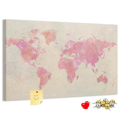 Weltkarte im Aquarellstil mit Korkrückwand in Pastellfarben