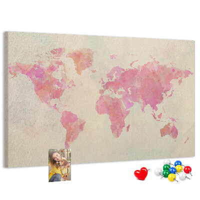 Weltkarte im Aquarellstil mit Korkrückwand in Pastellfarben