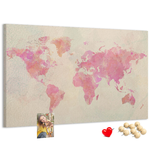 Weltkarte im Aquarellstil mit Korkrückwand in Pastellfarben