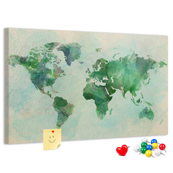 Korktafel mit Motiv einer grünen Aquarell-Weltkarte