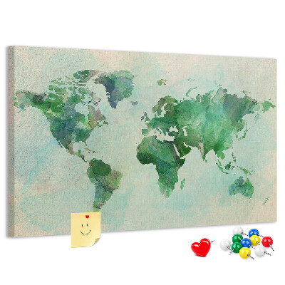 Korktafel mit Motiv einer grünen Aquarell-Weltkarte