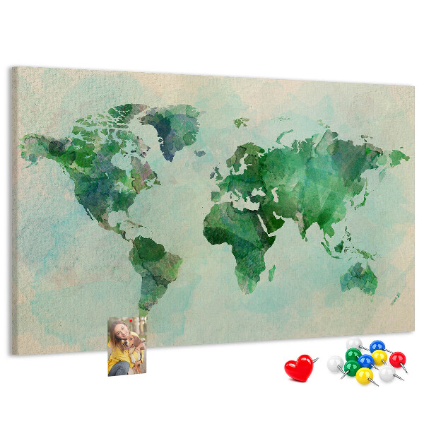 Korktafel mit Motiv einer grünen Aquarell-Weltkarte