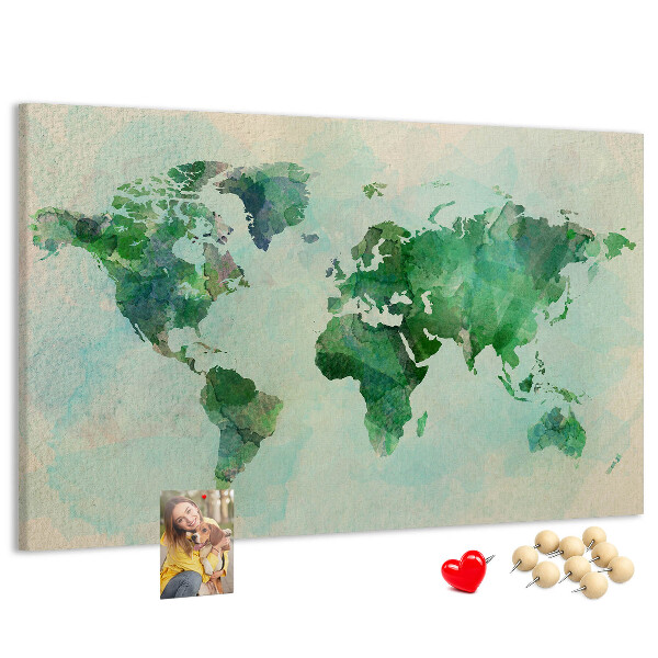 Korktafel mit Motiv einer grünen Aquarell-Weltkarte