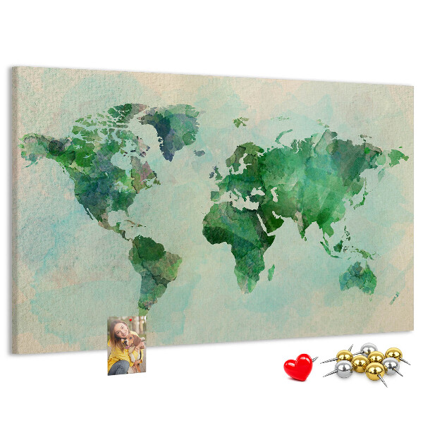 Korktafel mit Motiv einer grünen Aquarell-Weltkarte