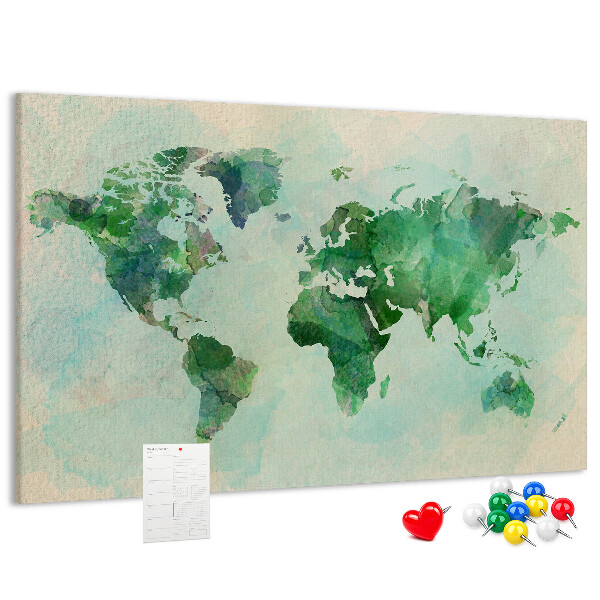 Korktafel mit Motiv einer grünen Aquarell-Weltkarte