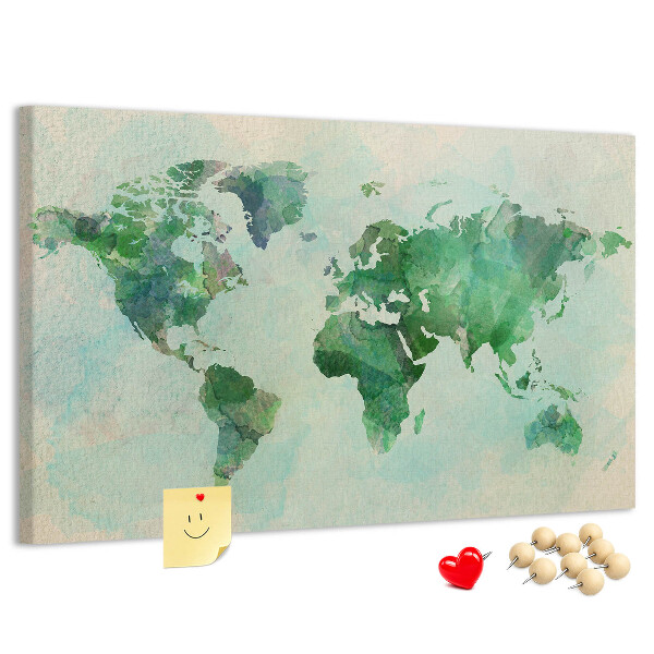 Korktafel mit Motiv einer grünen Aquarell-Weltkarte