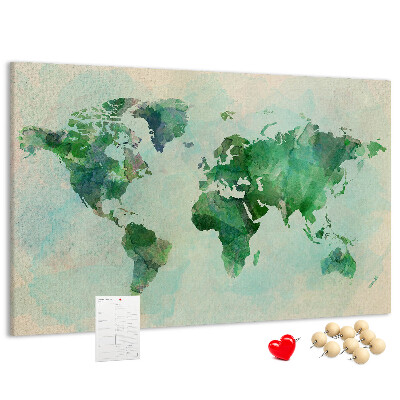 Korktafel mit Motiv einer grünen Aquarell-Weltkarte