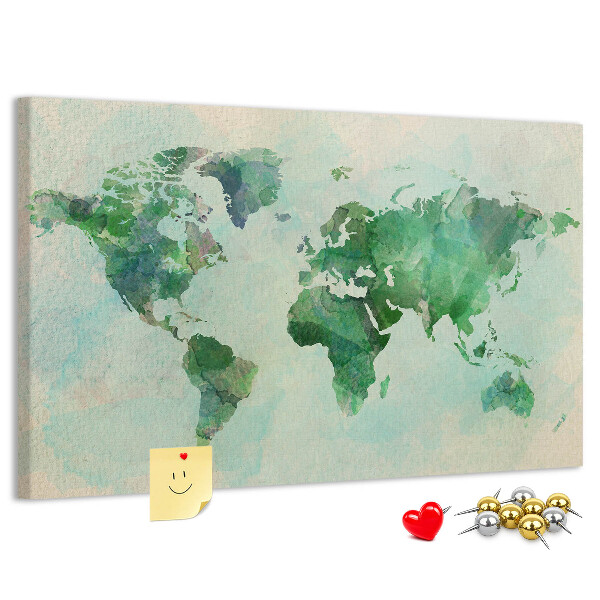 Korktafel mit Motiv einer grünen Aquarell-Weltkarte