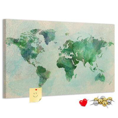 Korktafel mit Motiv einer grünen Aquarell-Weltkarte