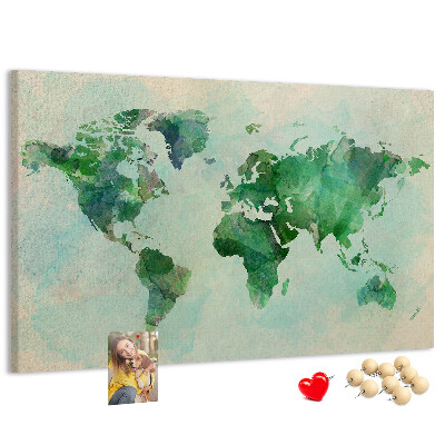 Korktafel mit Motiv einer grünen Aquarell-Weltkarte
