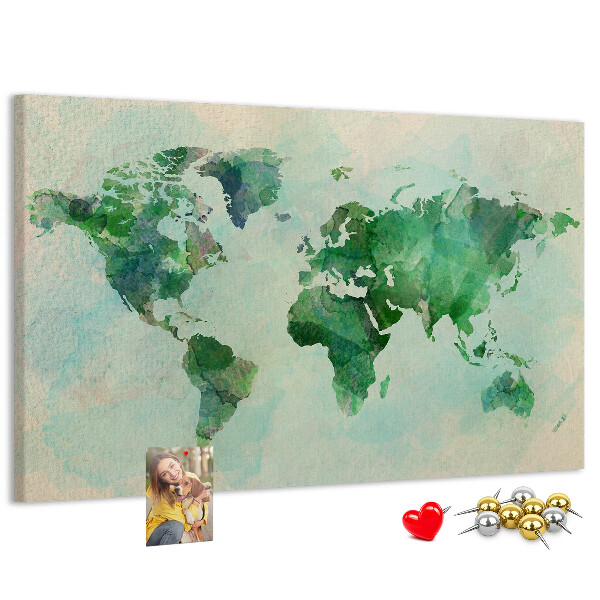 Korktafel mit Motiv einer grünen Aquarell-Weltkarte