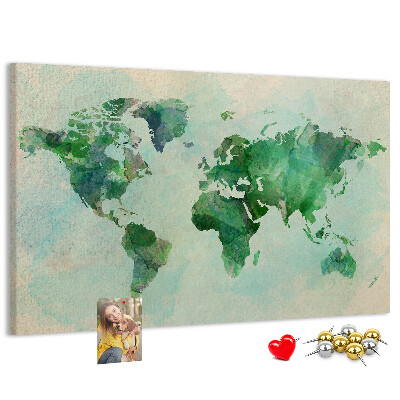 Korktafel mit Motiv einer grünen Aquarell-Weltkarte