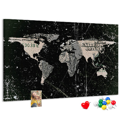 Kork-Pinnwand mit Weltkarten-Motiv auf Dollar-Noten-Hintergrund
