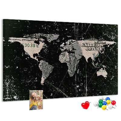 Kork-Pinnwand mit Weltkarten-Motiv auf Dollar-Noten-Hintergrund