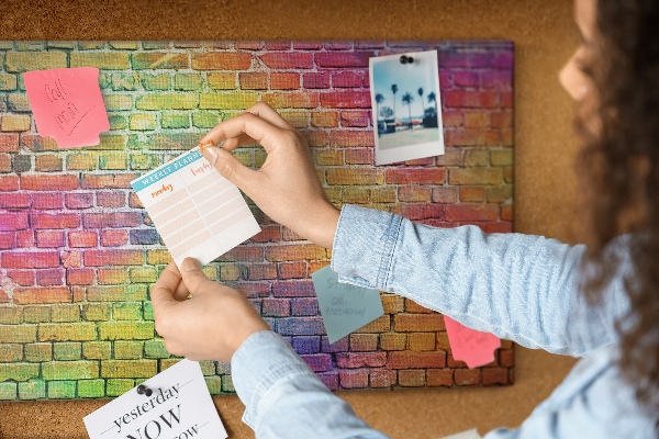 Korkbild mit buntem Backsteinmauer-Motiv im Regenbogen-Design