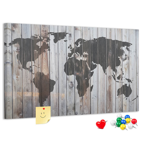 Korktafel mit Motiv einer Weltkarte auf Holzbrettern