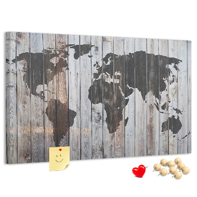 Korktafel mit Motiv einer Weltkarte auf Holzbrettern