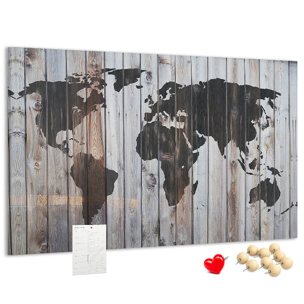 Korktafel mit Motiv einer Weltkarte auf Holzbrettern