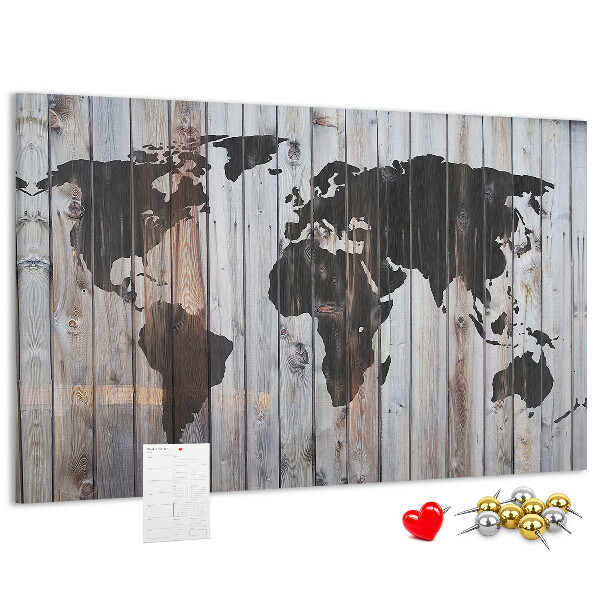 Korktafel mit Motiv einer Weltkarte auf Holzbrettern