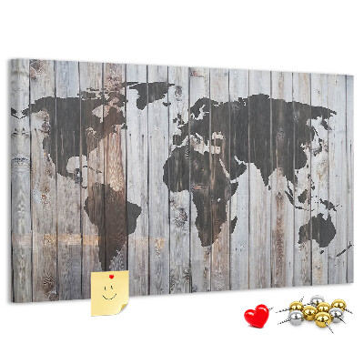 Korktafel mit Motiv einer Weltkarte auf Holzbrettern