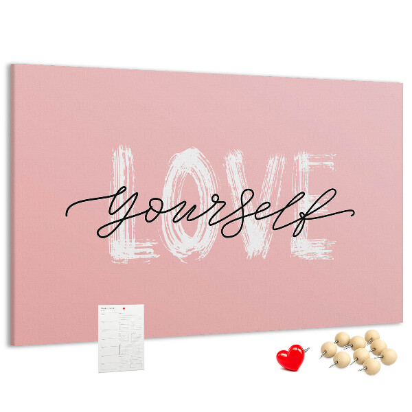 Kork-Pinnwand mit Motiv Selbstliebe auf rosa Hintergrund