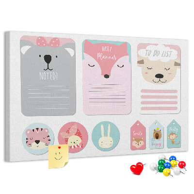 Korktafel mit bunten Tiermotiven für Notizen