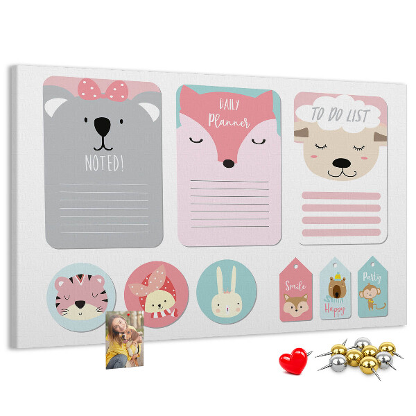 Korktafel mit bunten Tiermotiven für Notizen