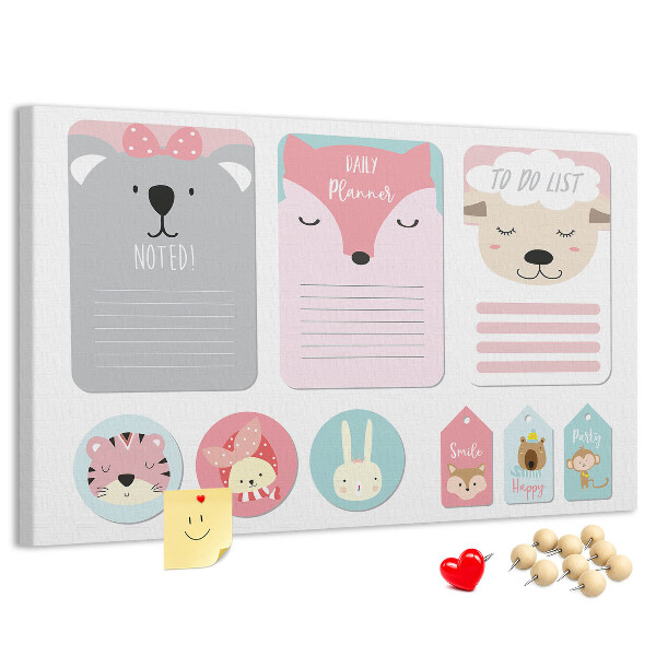 Korktafel mit bunten Tiermotiven für Notizen