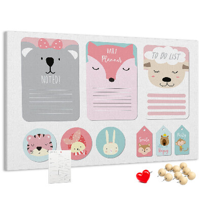 Korktafel mit bunten Tiermotiven für Notizen