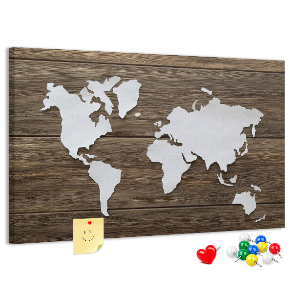 Weltkarte auf Holzgrund mit Korkrückwand