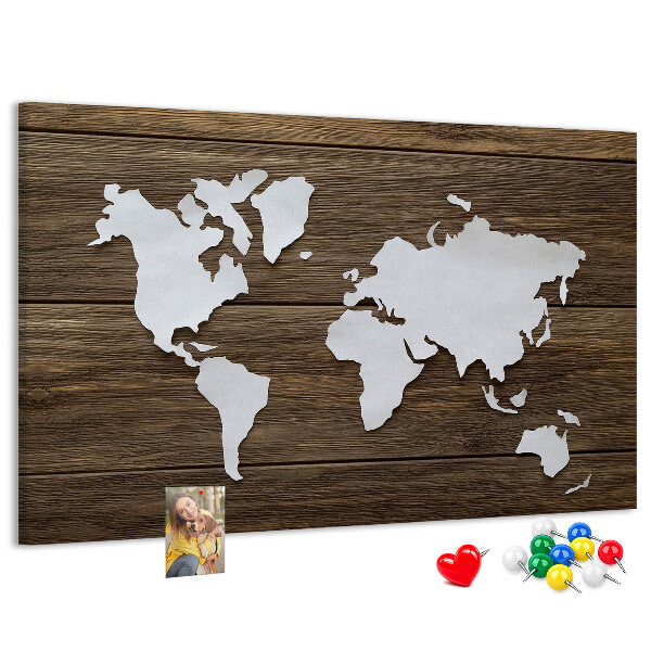 Weltkarte auf Holzgrund mit Korkrückwand