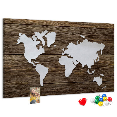 Weltkarte auf Holzgrund mit Korkrückwand