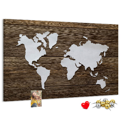 Weltkarte auf Holzgrund mit Korkrückwand