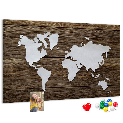 Weltkarte auf Holzgrund mit Korkrückwand