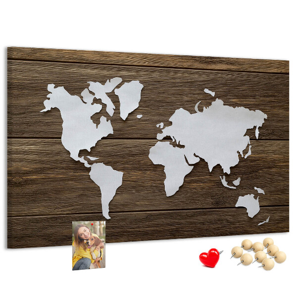 Weltkarte auf Holzgrund mit Korkrückwand