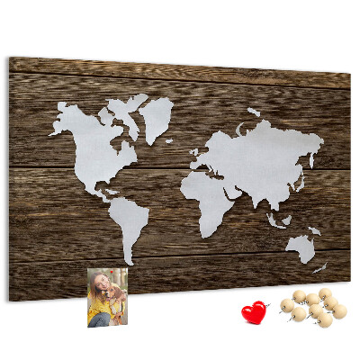 Weltkarte auf Holzgrund mit Korkrückwand